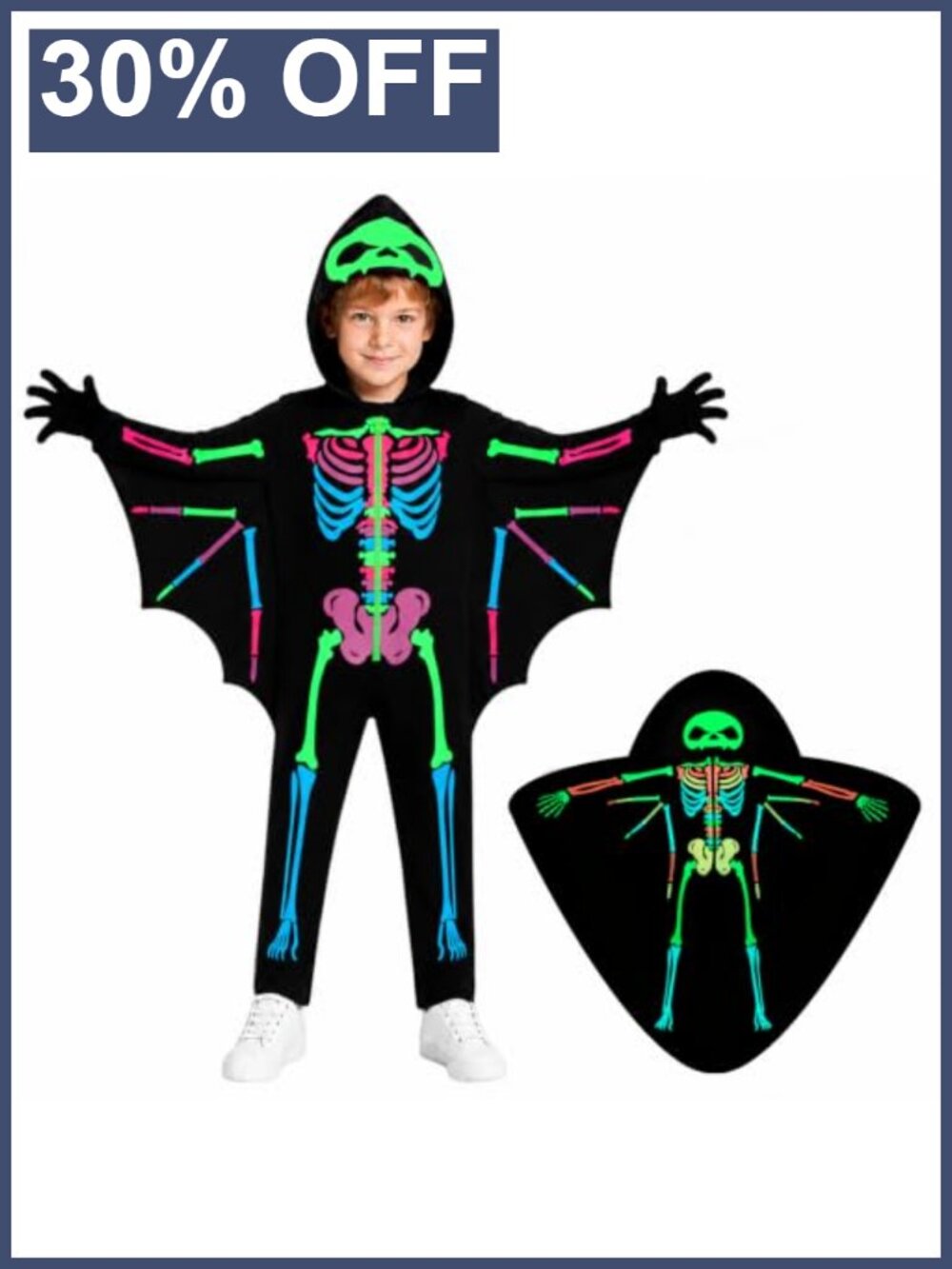 Kids Glow in the Dark Skeleton Halloween Costume Zipper Bodysuit with Gloves